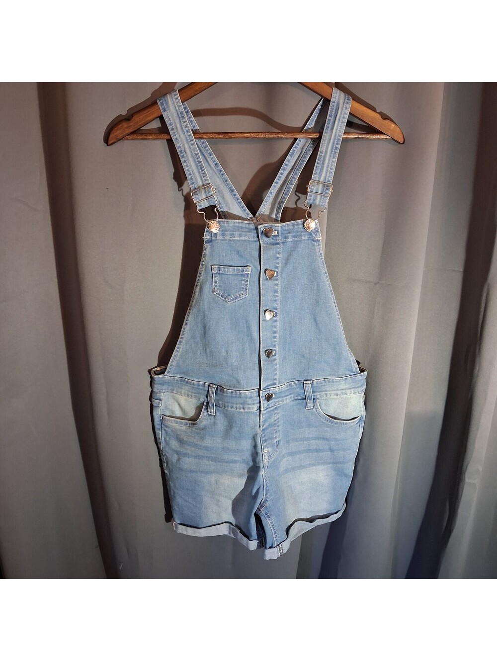 Light Blue Denim Short Overalls with Heart-Shaped Buttons